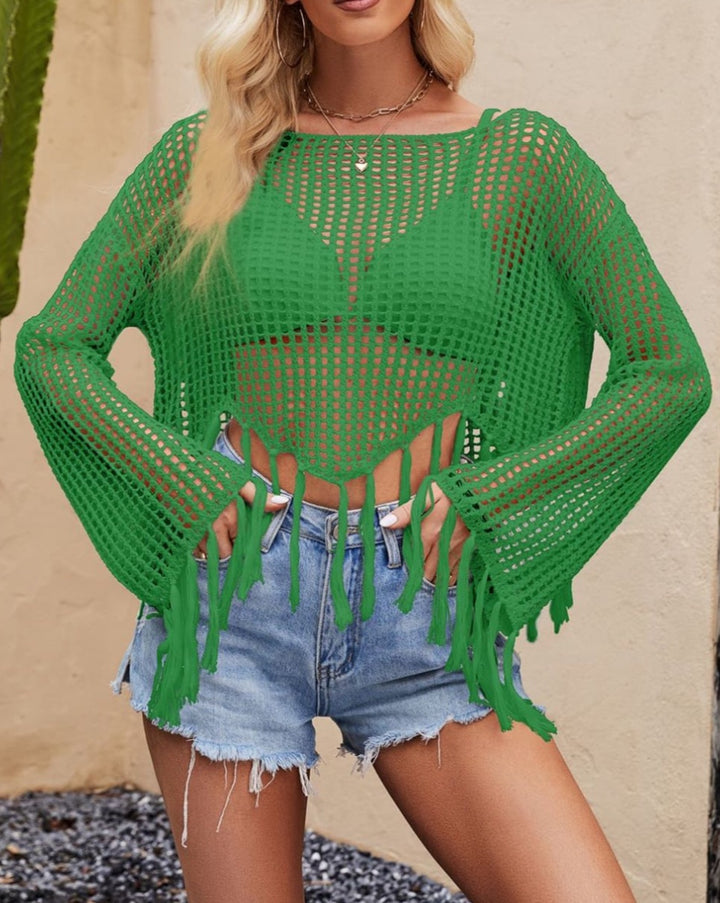Ocean Drive Tassel Hem Openwork Long Sleeve Cover Up - Cheeky Chic Boutique