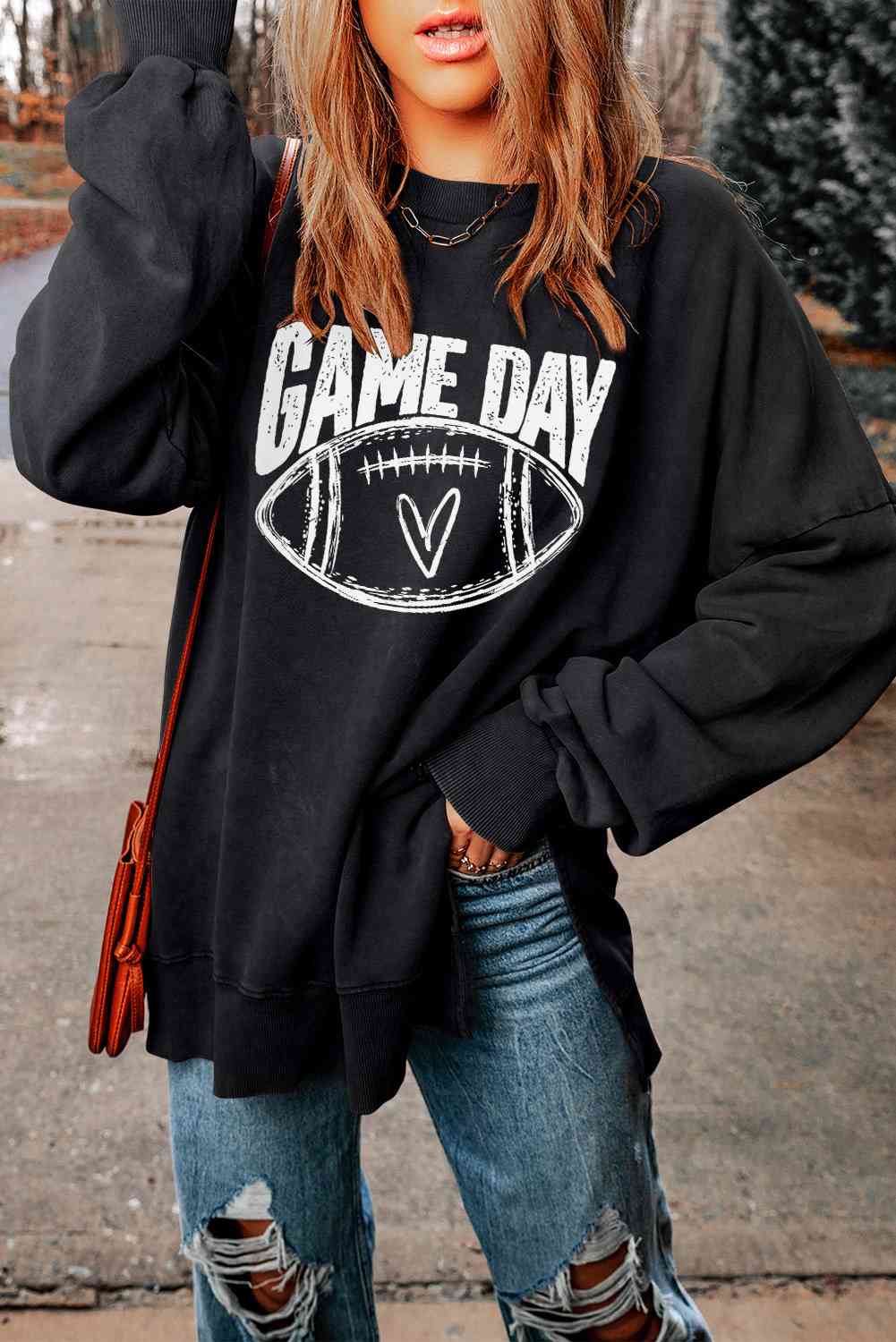 Game Day Football Graphic Slit Sweatshirt - Cheeky Chic Boutique