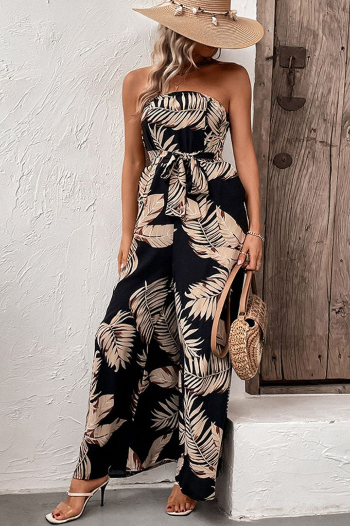 Printed Strapless Wide Leg Jumpsuit with Pockets - Cheeky Chic Boutique