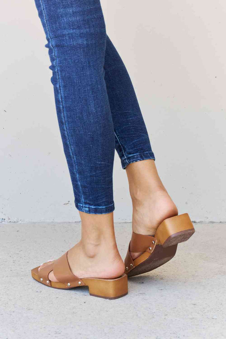 Weeboo Step Into Summer Criss Cross Wooden Clog Mule in Brown - Cheeky Chic Boutique