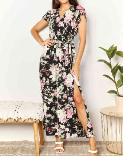 Double Take Floral Flutter Sleeve Tie-Waist Split Dress - Cheeky Chic Boutique