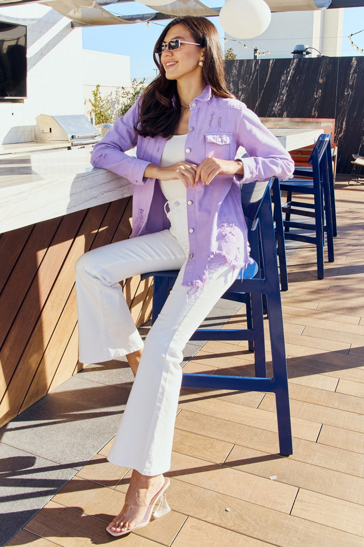 American Bazi Full Size Distressed Button Down Denim Jacket in Lavender - Cheeky Chic Boutique