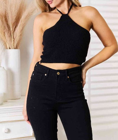 Basic Bae Halter Neck Ribbed Cropped Knit Top - Cheeky Chic Boutique