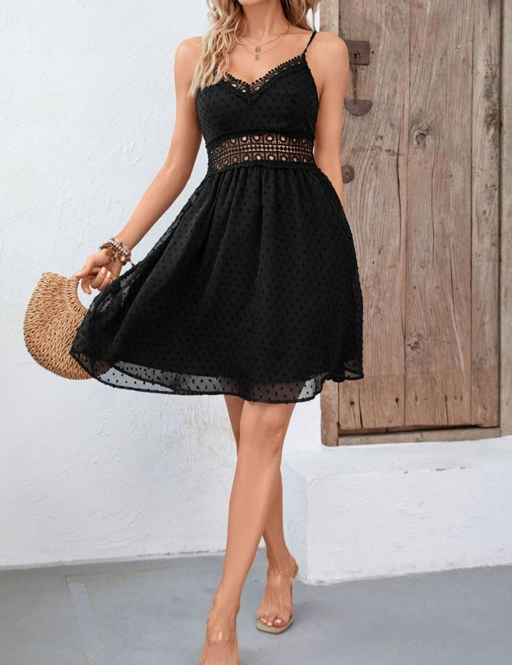 Swiss Dot Spaghetti Strap Spliced Lace Dress - Cheeky Chic Boutique