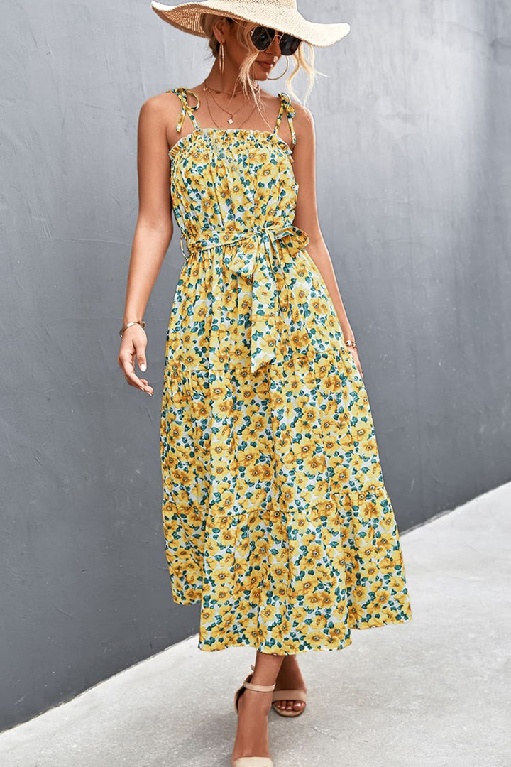 Floral Tie-Shoulder Belted Dress - Cheeky Chic Boutique
