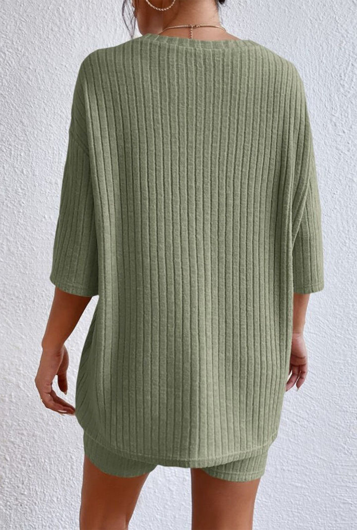 Round Neck Ribbed Top and Shorts Lounge Set - Cheeky Chic Boutique