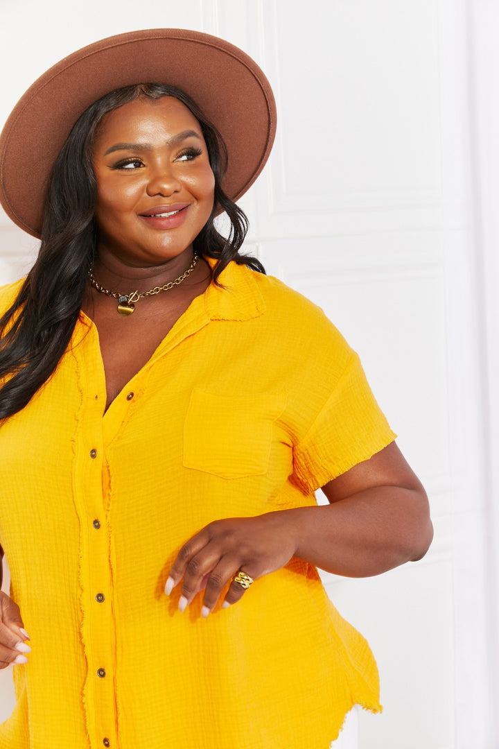 Zenana Full Size Summer Breeze Gauze Short Sleeve Shirt in Mustard - Cheeky Chic Boutique