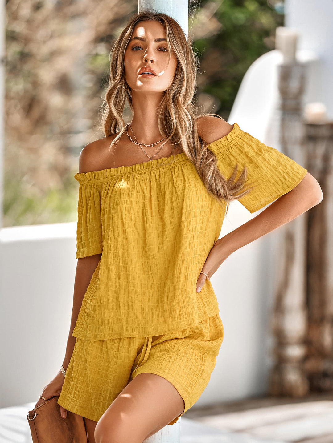 Textured Frill Trim Off-Shoulder Top and Shorts Set - Cheeky Chic Boutique