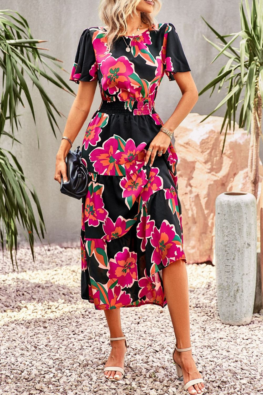 Floral Puff Sleeve Tiered Midi Dress - Cheeky Chic Boutique