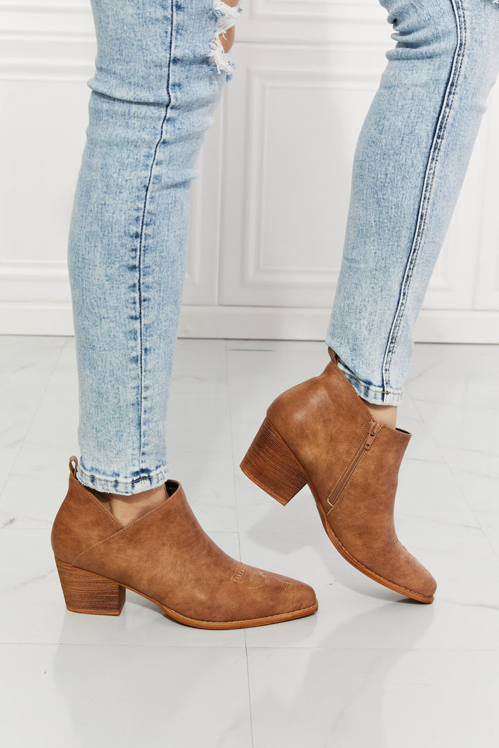 MMShoes Trust Yourself Embroidered Crossover Cowboy Bootie in Caramel - Cheeky Chic Boutique