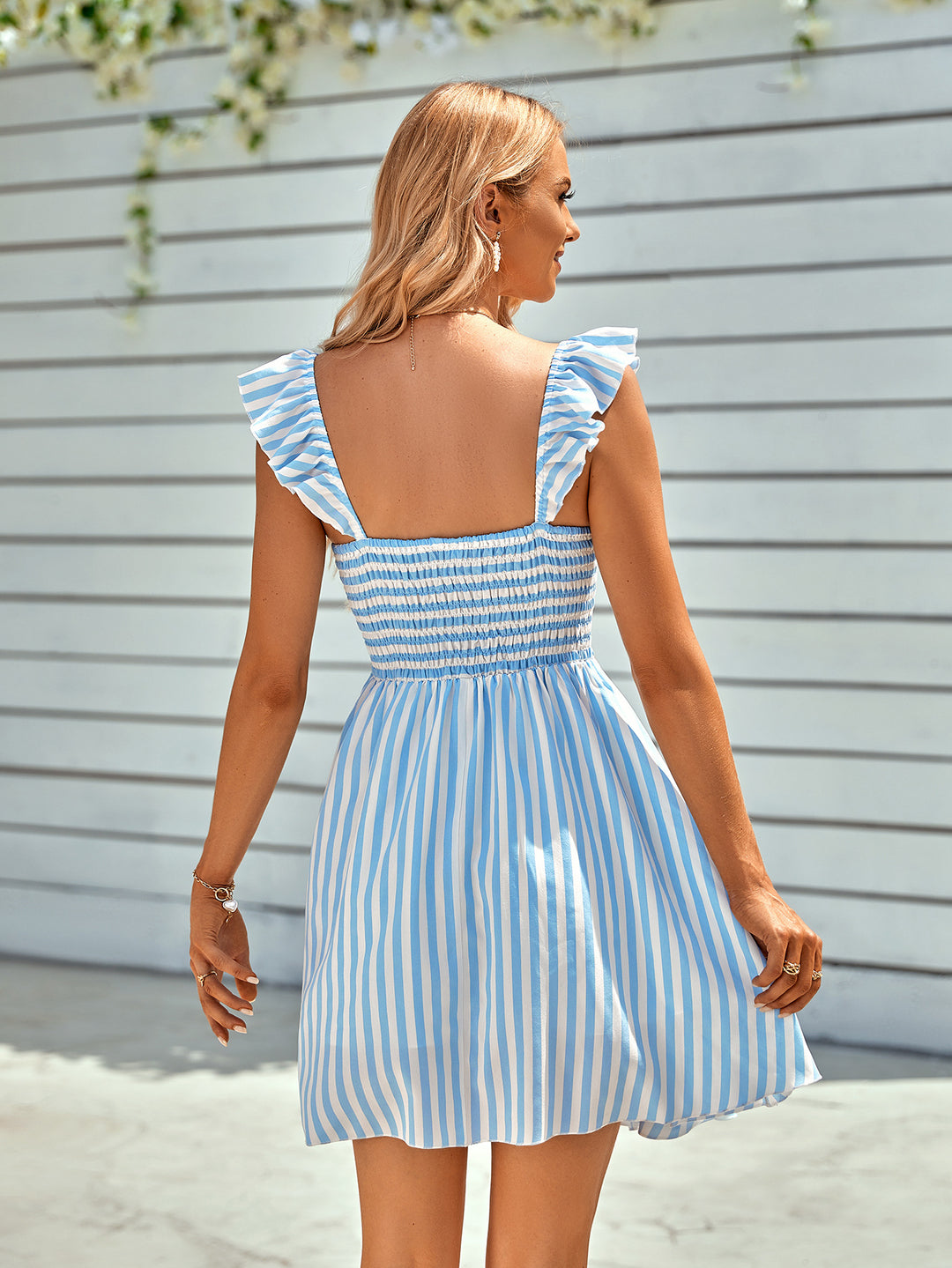 Striped Smocked Ruffle-Shoulder Sleeveless Dress - Cheeky Chic Boutique