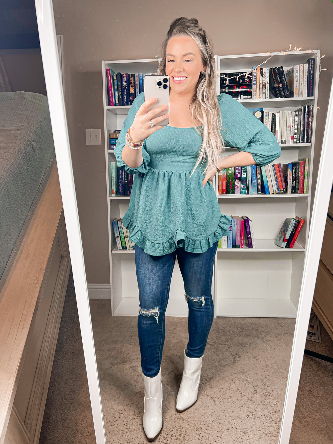 Smocked Three-Quarter Sleeve Peplum Blouse - Cheeky Chic Boutique