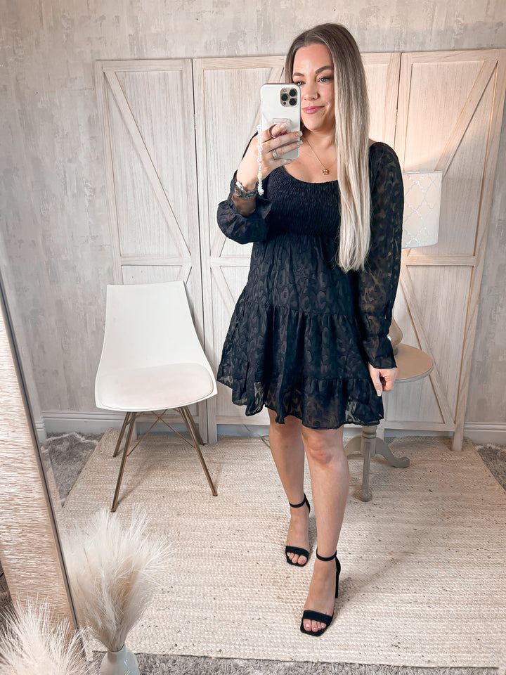 PRE-ORDER Leopard Applique Flounce Sleeve Smocked Tiered Dress - Cheeky Chic Boutique