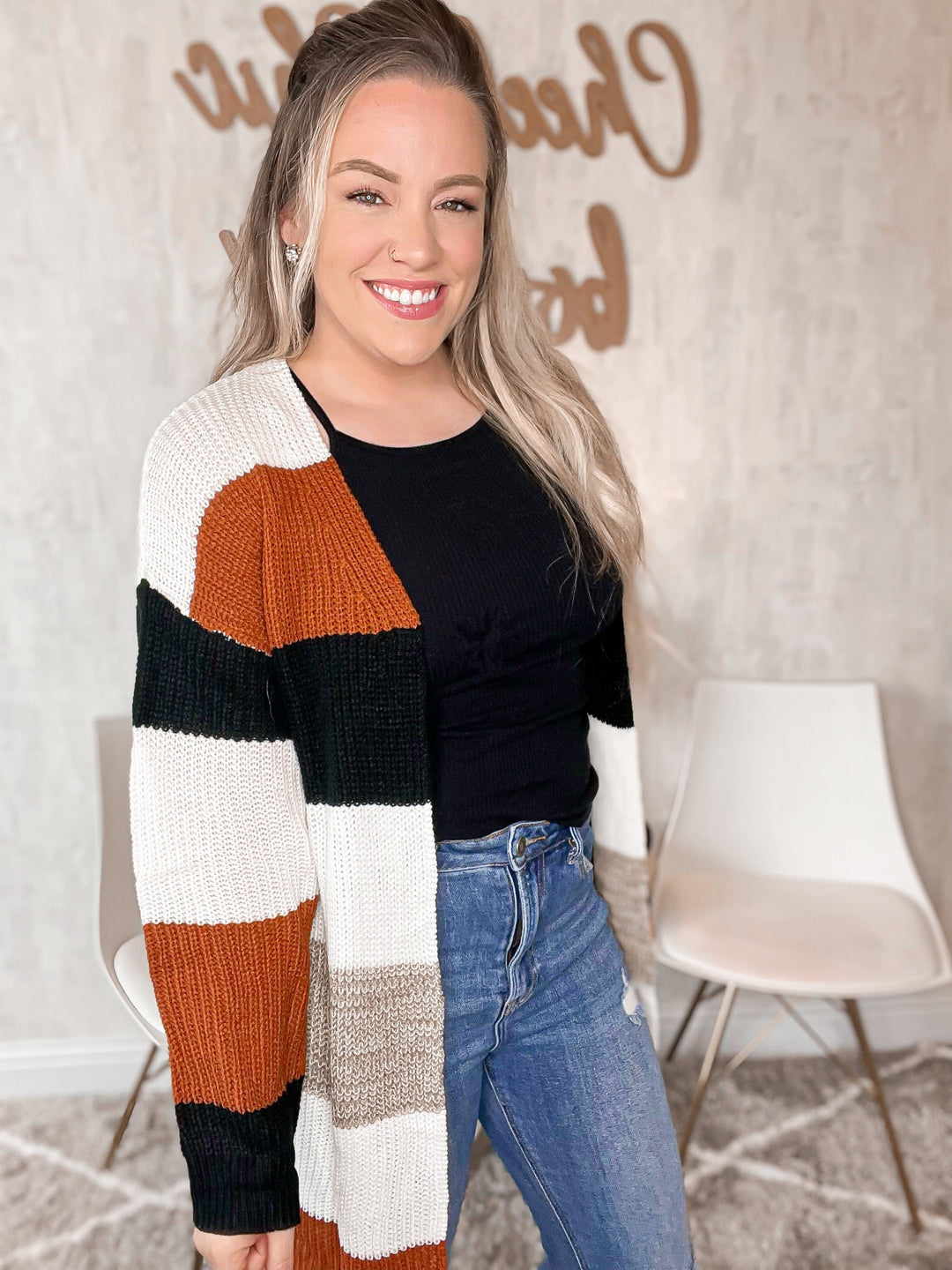 Striped Open Front Longline Cardigan - Cheeky Chic Boutique